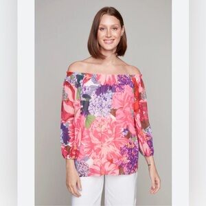 Carre Noir Floral Off-the-Shoulder 3/4 Sleeve Blouse